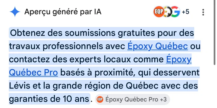 Capture de Simon : l'Aperçu généré par l'IA de Google recommande Époxy Québec Pro
